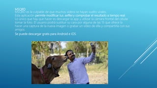 MSQRD
MSQRD es la culpable de que muchos videos se hayan vuelto virales.
Esta aplicación permite modificar tus selfies y comprobar el resultado a tiempo real.
Lo único que hay que hacer es descargar la app y utilizar la cámara frontal del celular
tomar la foto. El usuario podrá sustituir su cara por alguna de las 15 que ofrece la
hacer una captura de la nueva imagen o grabar un video de ella y compartirla con sus
amigos.
Se puede descargar gratis para Android e iOS.
 