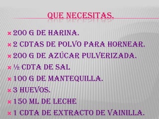 QUE NECESITAS.
 200 g de harina.
 2 cdtas de polvo para hornear.

 200 g de azúcar pulverizada.

 ½ cdta de sal

 100 g de mantequilla.

 3 huevos.

 150 ml de leche

 1 cdta de extracto de vainilla.
 