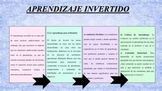 APRENDIZAJE INVERTIDO
El Aprendizaje invertido no se trata solo
de estos recursos audiovisuales, sin
embargo, hay que reconocer el impacto
que los materiales audiovisuales pueden
tener en el aprendizaje, ya que en
muchas ocasiones pueden ser tan buenos
como el instructor mismo para explicar
conceptos, comunicar hechos o
demostrar procedimientos.
4.2.2. Aprendizaje para el Dominio
El hecho de invertir las tareas
desarrolladas en clase con las tareas
desarrolladas en casa tiene sus
fundamentos didácticos en la inversión
de los procesos de enseñanza-
aprendizaje, Benjamín Bloom creo una
herramienta para estructurar y
comprender el proceso de aprendizaje,
categorizando y ordenando las
habilidades del pensamiento y sus
objetivos:
a) Ambientes Flexibles: Los estudiantes
pueden elegir cuando y donde aprenden;
esto da mayor flexibilidad a sus
expectativas en el ritmo de aprendizaje.
Los profesores permiten y aceptan el
caos que se puede generar durante la
clase. Se establecen evaluaciones
apropiadas que midan el entendimiento
de una manera significativa para los
estudiantes y profesores.
b) Cultura de Aprendizaje: Se
evidencia un cambio deliberado en la
aproximación al aprendizaje de una clase
centrada en el profesor a una en el
estudiante.
c) Contenido intencional: Para
desarrollar un diseño instruccional
apropiado hay que hacerse una pregunta:
¿Qué contenido se puede enseñar en el
aula y que materiales se pondrán a
disposición de los estudiantes para que
los exploren por sí mismos?.
 
