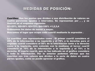 Cuartiles: Son los puntos que dividen a una distribución de valores en
cuatro porciones iguales o intervalos. Se representan por , , y se
ilustran en el esquema siguiente:
Q1=25%, Q2=50% Q3=75% Q4=100% =1,2,3,4
Ordenamos los datos de menor a mayor.
Buscamos el lugar que ocupa cada cuartil mediante la expresión .
Lo cuartiles .son representados como . El primer cuartil considera el
25% de la información a su izquierda y el 75% a la derecha; para el
segundo cuartil considera el 50% de la información tanto a la derecha
como a la izquierda, este coincide con la mediana; el tercer cuartil
considera el 75% de la información a la izquierda y el 75% a la
derecha. El cuarto cuartil, que no fue indicado en el gráfico considera
a toda la información. Por lo anterior podemos afirmar que los
cuartiles son tres valores que dividen a la serie de datos en cuatro
partes iguales, como se puede apreciar el gráfico.
 