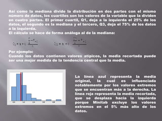 Así como la mediana divide la distribución en dos partes con el mismo
número de datos, los cuartiles son los valores de la variable que la dividen
en cuatro partes. El primer cuartil, Q1, deja a la izquierda el 25% de los
datos, el segundo es la mediana y el tercero, Q3, deja el 75% de los datos
a la izquierda.
El cálculo se hace de forma análoga al de la mediana:
Por ejemplo:
Cuando los datos contienen valores atípicos, la media recortada puede
ser una mejor medida de la tendencia central que la media.
La línea azul representa la media
original, la cual es influenciada
notablemente por los valores extremos
que se encuentran más a la derecha. La
línea roja representa la media recortada,
que se desplaza hacia la izquierda
porque Minitab excluye los valores
extremos en el 5% más alto de los
datos.
 