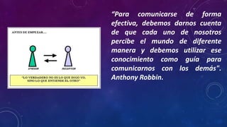 “Para comunicarse de forma
efectiva, debemos darnos cuenta
de que cada uno de nosotros
percibe el mundo de diferente
manera y debemos utilizar ese
conocimiento como guía para
comunicarnos con los demás".
Anthony Robbin.
 