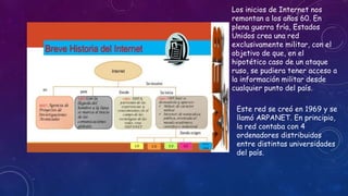 Los inicios de Internet nos
remontan a los años 60. En
plena guerra fría, Estados
Unidos crea una red
exclusivamente militar, con el
objetivo de que, en el
hipotético caso de un ataque
ruso, se pudiera tener acceso a
la información militar desde
cualquier punto del país.
Este red se creó en 1969 y se
llamó ARPANET. En principio,
la red contaba con 4
ordenadores distribuidos
entre distintas universidades
del país.
 