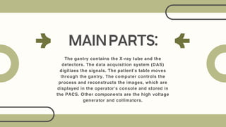 The gantry contains the X-ray tube and the
detectors. The data acquisition system (DAS)
digitizes the signals. The patient's table moves
through the gantry. The computer controls the
process and reconstructs the images, which are
displayed in the operator's console and stored in
the PACS. Other components are the high voltage
generator and collimators.
MAINPARTS:
 