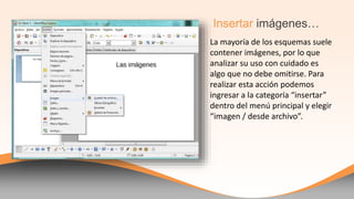 La mayoría de los esquemas suele
contener imágenes, por lo que
analizar su uso con cuidado es
algo que no debe omitirse. Para
realizar esta acción podemos
ingresar a la categoría “insertar”
dentro del menú principal y elegir
“imagen / desde archivo”.
Insertar imágenes…
 