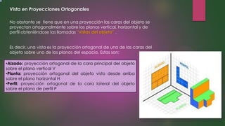 Vista en Proyecciones Ortogonales
No obstante se tiene que en una proyección las caras del objeto se
proyectan ortogonalmente sobre los planos vertical, horizontal y de
perfil obteniéndose las llamadas “vistas del objeto” .
Es decir, una vista es la proyección ortogonal de una de las caras del
objeto sobre uno de los planos del espacio. Estas son:
•Alzado: proyección ortogonal de la cara principal del objeto
sobre el plano vertical V
•Planta: proyección ortogonal del objeto visto desde arriba
sobre el plano horizontal H
•Perfil: proyección ortogonal de la cara lateral del objeto
sobre el plano de perfil P
 