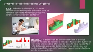 Cortes y Secciones en Proyecciones Ortogonales
Corte: es el artificio mediante el cual, en la
representación de una pieza, eliminamos parte de
la misma, con objeto de clarificar y hacer más
sencilla su representación y acotación.
Sección: Es la intersección del plano de corte con la pieza (la
superficie indicada de color rojo ), como puede apreciarse cuando se
representa una sección, a diferencia de un corte, no se representa el
resto de la pieza que queda detrás de la misma. Siempre que sea
posible, se preferirá representar la sección, ya que resulta más clara y
sencilla su representación.
 