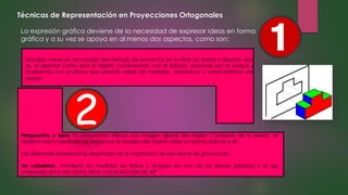 Técnicas de Representación en Proyecciones Ortogonales
La expresión gráfica deviene de la necesidad de expresar ideas en forma
gráfica y a su vez se apoya en al menos dos aspectos, como son:
Perspectiva y tipos: la perspectiva ofrece una imagen global del objeto ( conjunto de la pieza), se
obtiene como resultado de proyectar la imagen del objeto sobre un plano oblicuo a él.
Las diferentes perspectivas dependen de la inclinación de ese plano de proyección .
•la caballera- mantiene las medidas de líneas y ángulos en uno de los planos (alzado) y el eje
perpendicular a ese plano tiene una inclinación de 45º.
El propio hacer en tecnología del método de proyectos en su fase de (ideas y dibujos), esto
es, el plasmar como será el objeto comenzando con el esbozo, pasando por el croquis y
finalizando con el plano que permite saber las medidas, apariencia y características del
objeto.
 