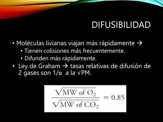 DIFUSIBILIDAD
• Moléculas livianas viajan más rápidamente 
• Tienen colisiones más frecuentemente.
• Difunden más rápidamente.
• Ley de Graham  tasas relativas de difusión de
2 gases son 1/α a la √PM.
 