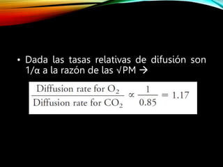 • Dada las tasas relativas de difusión son
1/α a la razón de las √PM 
 