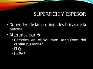 SUPERFICIE Y ESPESOR
• Dependen de las propiedades físicas de la
barrera.
• Alteradas por 
• Cambios en el volumen sanguíneo del
capilar pulmonar.
• El Q.
• La PAP.
 