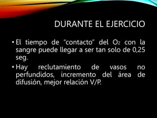 DURANTE EL EJERCICIO
• El tiempo de “contacto” del O2 con la
sangre puede llegar a ser tan solo de 0,25
seg.
• Hay reclutamiento de vasos no
perfundidos, incremento del área de
difusión, mejor relación V/P.
 