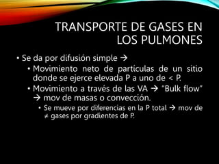 TRANSPORTE DE GASES EN
LOS PULMONES
• Se da por difusión simple 
• Movimiento neto de partículas de un sitio
donde se ejerce elevada P a uno de < P.
• Movimiento a través de las VA  “Bulk flow”
 mov de masas o convección.
• Se mueve por diferencias en la P total  mov de
≠ gases por gradientes de P.
 