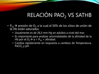 RELACIÓN PAO2 VS SATHB
• P50  presión de O2 a la cual el 50% de los sitios de unión de
la Hb están saturados.
• Usualmente es de 26,3 mm Hg en adultos a nivel del mar.
• Es importante para analizar anormalidades de la afinidad de la
Hb por el O2 a > P50 < afinidad.
• Cambia rápidamente en respuesta a cambios de Temperatura,
PaCO2 y pH.
 