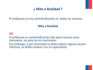 ¿ Mito o Realidad ?
El embarazo es una contraindicación en todas las vacunas
Mito y Realidad
NO
El embarazo es contraindicación sólo para vacunas vivas
atenuadas, no para las no inactivadas.
Sin embargo, si por necesidad se debe colocar alguna vacuna
infectiva, se deben evaluar con su especialista.
 
