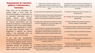 1. Elaboración y puesta en marcha de un
programa de relaciones públicas con los
diferentes públicos, tanto a corto, medio y largo
plazo.
2. Supervisión de las publicaciones empresariales.
3. Revisión de todos los documentos destinados al
exterior, para verificar si, de alguna manera, se
refieren a las relaciones públicas de la empresa.
4. Preparación o aprobación de todas las noticias,
artículos, fotografías, etc. que se entregan a los
medios de comunicación.
5. Preparación o consejo de declaraciones y
discursos de los dirigentes de la empresa. sus
trabajadores sobre la política empresarial y los
problemas que la misma empresa pueda tener.
6. Iniciar las relaciones con la comunidad en la que
se afincan las sedes de la empresa, colaborando con
los periódicos locales, organizaciones cívicas y
sociales, escuelas, etc.
7. Trabajar en estrecho contacto con la dirección y
los consultores legales de la empresa en cuestiones
de relación con los órganos de gobierno, incluyendo
personalmente al presidente de la empresa.
8. Colaboración con el servicio de marketing en la
preparación y ejecución de programas dirigidos a
mejorar las relaciones con los intermediarios y red
de ventas.
9. Analizar las tendencias futuras y predecir sus
consecuencias.
10. Investigar de la opinión pública sus actitudes y
expectativas.
11. Tomar medidas para prevenir, descubrir y
eliminar cualquier malentendido.
12. Fomentar las buenas relaciones entre el personal
y los públicos internos y externos de la empresa.
13. Proyectar la imagen e identidad corporativa.
14. Participar en reuniones directivas.
15. Conocer y clasificar los diversos públicos de la
entidad.
16. Asesoría y consejos a los departamentos de
personal en cuestiones de relaciones con los
empleados, de forma que se ayude a la empresa a
ilustrar.
Todas estas son las actividades que
podrían llegar a hacer todos los
relacionistas públicos. Lo importante no
es solamente intermediar entre el
público externo sino también
interactuar con los empleados y todos
los recursos comunicativos que hay
dentro de la empresa. Lo importante es
identificar cuales son los puntos débiles
que tiene cada organización y a partir
de todas estas funciones, hacer un
diagnóstico y aplicarlo de manera
rápida y con planeación para así
asegurar que haya un cierto éxito.
Es por esto que consideramos
importante tener claro las funciones de
las relaciones públicas porque muchas
veces es confundido o menospreciado
solamente porque las personas no
saben lo que es y lo útil que puede
llegar a hacer para cada organización.
Departamento de relaciones
públicas. Conformación y
Funciones.
 
