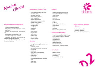 rosientes
    est Cl
 Nu                                              Restauración - Turismo - Ocio

                                                  Puerto deportivo marina de Laredo
                                                  Posada La Robla
                                                                                           Industria

                                                                                            Ofideco Oficinas y Decoración S.A.
                                                                                            Sancho Motor Red Ford Cantabria
                                                  Marina de Santander                       Suite Prestige
                                                  Restaurante As de Guía                    Pacequiser
                                                  Hotel Indiana Golf                        OKKA BY
                                                  Bibemus Wine Editions                     Aris Corporación
                                                  Restaurante La casona del Valle           Inisas
                                                  Club del viaje Cantabria                  FLYMCA
                                                  Discoteca Joy Eslava                      Banderas Puerta de Hierro
Empresas e Instituciones Públicas                                                                                                Sector Farmacia - Medicina
                                                  Discoteca Pachá                           Doña Carmen
                                                                                                                                 - Química
  Fundación Santander Deporte                     Aces Events                               Ivegor
  ICEX, Instituto Español de Comercio Exterior    Hotel Molins                              Corrservic
                                                                                                                                  Sardinero Hockey Club
  Visit Spain                                     Hotel Eolo                                Motoluxe Racing Internacional
                                                                                                                                  Gimnasios Valdesport
   Institituto de Tratamiento de Dependencias     Hotel Villaitalia
                                                                                                                                  Federación Cántabra de Atletismo
ITD                                               Discoteca Rich                           Construcción e Ingenería
  Ayuntamiento de Ribamontán al Mar               S&C Hoteles
                                                                                            Grupo Empresarial CARABAZA Hidalgo
  Unión Sindical Obrera de Cantabria              Club Del Viaje
                                                                                            GOES Gestión de Obras y Servicios
   Asociación de Técnicos en Prevecnión de        Ostrería Annua
Riesgos Laborales de Cantabria                                                              CEM Empresas
                                                  Portugal Original
    Genercan (Sociedad para el desarrollo                                                   Inmogestión 501
Energético Cantabria)                            Servicios                                  GMC Ingeniería
                                                                                            Merello Ingenieros
                                                   Nabega Outsourcing Comercial Interna-    Cabueñes Arquitectos
                                                 cional S.L.                                Construcciones Palazuelos Botella
                                                   Santander Gestión
                                                   Demosub Demoliciones Submarinas
                                                   CyP Imports                             Alimentación
                                                   Best Search
                                                   Grupo Bergé Subaru España                EB wine Services
                                                   SGS Tecnos S.A.                          Viveros Larramar
                                                   Caja España                              Burguer King
                                                   Calle 13 TV                              Tesoros del Cantábrico
                                                   ESIC Escuela Superior de Marketing
                                                   FOX
                                                   Grupo Jano
                                                   More- Media
 