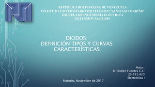 DIODOS:
DEFINICIÓN TIPOS Y CURVAS
CARACTERÍSTICAS
REPÚBLICA BOLIVARIANA DE VENEZUELA
INSTITUTO UNIVERSITARIO POLITÉCNICO ¨SANTIAGO MARIÑO¨
ESCUELA DE INGENIERÍA ELÉCTRICA
EXTENSIÓN MATURIN
Autor:
Br. Rubén Fuentes C.I.:
25.581.420
Electrónica I
Maturín, Noviembre de 2017
 
