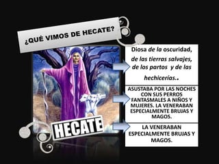 Diosa de la oscuridad,
de las tierras salvajes,
de los partos y de las
hechicerías..
ASUSTABA POR LAS NOCHES
CON SUS PERROS
FANTASMALES A NIÑOS Y
MUJERES. LA VENERABAN
ESPECIALMENTE BRUJAS Y
MAGOS.
LA VENERABAN
ESPECIALMENTE BRUJAS Y
MAGOS.