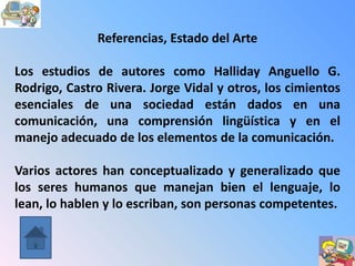 Referencias, Estado del Arte

Los estudios de autores como Halliday Anguello G.
Rodrigo, Castro Rivera. Jorge Vidal y otros, los cimientos
esenciales de una sociedad están dados en una
comunicación, una comprensión lingüística y en el
manejo adecuado de los elementos de la comunicación.

Varios actores han conceptualizado y generalizado que
los seres humanos que manejan bien el lenguaje, lo
lean, lo hablen y lo escriban, son personas competentes.
 