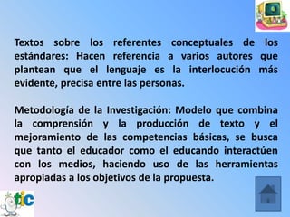Textos sobre los referentes conceptuales de los
estándares: Hacen referencia a varios autores que
plantean que el lenguaje es la interlocución más
evidente, precisa entre las personas.

Metodología de la Investigación: Modelo que combina
la comprensión y la producción de texto y el
mejoramiento de las competencias básicas, se busca
que tanto el educador como el educando interactúen
con los medios, haciendo uso de las herramientas
apropiadas a los objetivos de la propuesta.
 