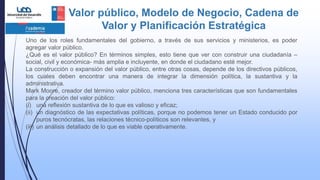 Valor público, Modelo de Negocio, Cadena de
Valor y Planificación Estratégica
Uno de los roles fundamentales del gobierno, a través de sus servicios y ministerios, es poder
agregar valor público.
¿Qué es el valor público? En términos simples, esto tiene que ver con construir una ciudadanía –
social, civil y económica- más amplia e incluyente, en donde el ciudadano esté mejor.
La construcción o expansión del valor público, entre otras cosas, depende de los directivos públicos,
los cuales deben encontrar una manera de integrar la dimensión política, la sustantiva y la
administrativa.
Mark Moore, creador del término valor público, menciona tres características que son fundamentales
para la creación del valor público:
(i) una reflexión sustantiva de lo que es valioso y eficaz;
(ii) un diagnóstico de las expectativas políticas, porque no podemos tener un Estado conducido por
puros tecnócratas, las relaciones técnico-políticos son relevantes, y
(iii) un análisis detallado de lo que es viable operativamente.
 