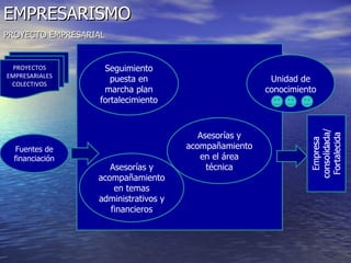 EMPRESARISMO PROYECTO EMPRESARIAL Seguimiento puesta en marcha plan fortalecimiento Unidad de conocimiento Asesorías y acompañamiento en temas administrativos y financieros Asesorías y acompañamiento en el área técnica Fuentes de financiación PROYECTOS EMPRESARIALES COLECTIVOS 