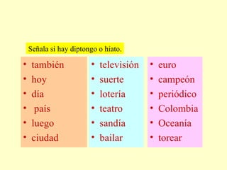 también hoy día país luego ciudad televisión suerte lotería teatro sandía bailar euro campeón periódico Colombia Oceanía torear Señala si hay diptongo o hiato. 