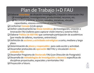 Plan de Trabajo I+D FAU
Elaborar Línea Base de situación Investigación, Creación e Innovación FAU
Investigadores, investigaciones, productividad, recursos, etc.
Reconocer prácticas, actores, estudios, iniciativas, vínculos,
capacidades, visiones existentes al interior FAU
Conformar Consejo (s) de apoyo
Definir colectivamente las líneas temáticas de investigación, creación e
innovación FAU (talleres para capturar visión interna y externa FAU)
Elaborar Política de I&D FAU que contemple participación de académicos
(por medio de talleres, reuniones, entrevistas)(por medio de talleres, reuniones, entrevistas)
Definición de acciones y actividades estratégicas a corto, mediano y largo
plazo.
Determinación de plazos y responsables para cada acción y actividad.
Desarrollar protocolos de operación I&D FAU y vinculación demás
unidades FAU
Desarrollar Programa de Doctorado FAU (con Dirección de Postgrado)
Desarrollo de metodologías de investigación y docencia específicas de
disciplinas proyectuales, espaciales y territoriales FAU
Proyección a futuro.
 