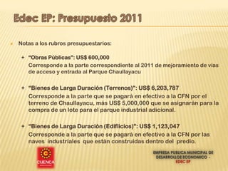    Notas a los rubros presupuestarios:

     + “Obras Públicas”: US$ 600,000
       Corresponde a la parte correspondiente al 2011 de mejoramiento de vías
       de acceso y entrada al Parque Chaullayacu


     + “Bienes de Larga Duración (Terrenos)”: US$ 6,203,787
       Corresponde a la parte que se pagará en efectivo a la CFN por el
       terreno de Chaullayacu, más US$ 5,000,000 que se asignarán para la
       compra de un lote para el parque industrial adicional.

     + “Bienes de Larga Duración (Edifiicios)”: US$ 1,123,047
       Corresponde a la parte que se pagará en efectivo a la CFN por las
       naves industriales que están construidas dentro del predio.
 