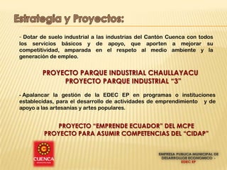 - Dotar de suelo industrial a las industrias del Cantón Cuenca con todos
los servicios básicos y de apoyo, que aporten a mejorar su
competitividad, amparada en el respeto al medio ambiente y la
generación de empleo.


        PROYECTO PARQUE INDUSTRIAL CHAULLAYACU
             PROYECTO PARQUE INDUSTRIAL “3”
- Apalancar la gestión de la EDEC EP en programas o instituciones
establecidas, para el desarrollo de actividades de emprendimiento y de
apoyo a las artesanías y artes populares.


             PROYECTO “EMPRENDE ECUADOR” DEL MCPE
         PROYECTO PARA ASUMIR COMPETENCIAS DEL “CIDAP”
 