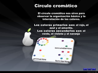 Circulo cromático   El círculo cromático nos sirve para observar la organización básica y la interrelación de los colores. Los colores primarios son:  el rojo, el azul y el amarillo. Los colores secundarios son : el verde, el violeta y el naranja  