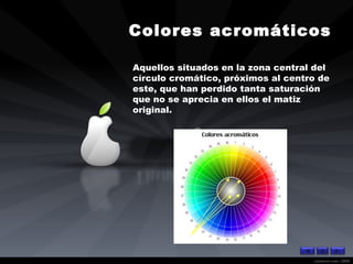 Colores acromáticos   Aquellos situados en la zona central del círculo cromático, próximos al centro de este, que han perdido tanta saturación que no se aprecia en ellos el matiz original. 