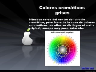 Colores cromáticos grises   Situados cerca del centro del círculo cromático, pero fuera de la zona de colores acromáticos, en ellos se distingue el matiz original, aunque muy poco saturado.   