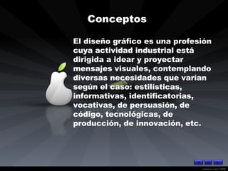 Conceptos   El diseño gráfico es una profesión cuya actividad industrial está dirigida a idear y proyectar mensajes visuales, contemplando diversas necesidades que varían según el caso: estilísticas, informativas, identificatorias, vocativas, de persuasión, de código, tecnológicas, de producción, de innovación, etc. 