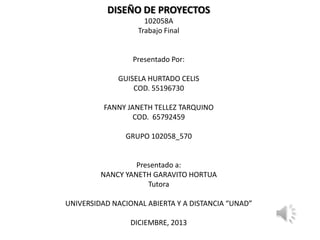 DISEÑO DE PROYECTOS
102058A
Trabajo Final

Presentado Por:
GUISELA HURTADO CELIS
COD. 55196730
FANNY JANETH TELLEZ TARQUINO
COD. 65792459
GRUPO 102058_570

Presentado a:
NANCY YANETH GARAVITO HORTUA
Tutora
UNIVERSIDAD NACIONAL ABIERTA Y A DISTANCIA “UNAD”

DICIEMBRE, 2013

 