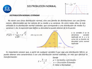 DISTRIBUCION NORMAL
DISTRIBUCIÓN NORMAL ESTÁNDAR
No existe una única distribución normal, sino una familia de distribuciones con una forma
común, diferenciadas por los valores de su media y su varianza. De entre todas ellas, la más
utilizada es la distribución normal estándar, que corresponde a una distribución de media 0 y
varianza 1. Así, la expresión que define su densidad se puede obtener de la Ecuación
a la variable Z se la
denomina variable
tipificada de X, y a la
curva de su función de
densidad curva normal
tipificada
-∞ < z < + ∞
Es importante conocer que, a partir de cualquier variable X que siga una distribución N(0,1), se
puede obtener otra característica Z con una distribución normal estándar, sin más que efectuar la
transformación:
 