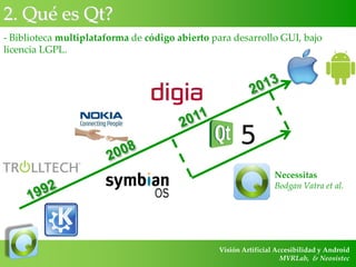 2. Qué es Qt?
- Biblioteca multiplataforma de código abierto para desarrollo GUI, bajo
licencia LGPL.

Necessitas
Bodgan Vatra et al.

Visión Artificial Accesibilidad y Android
MVRLab, & Neosistec

 
