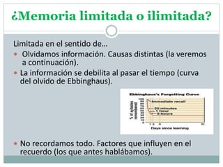 ¿Memoria limitada o ilimitada?
Limitada en el sentido de…
 Olvidamos información. Causas distintas (la veremos
a continuación).
 La información se debilita al pasar el tiempo (curva
del olvido de Ebbinghaus).
 No recordamos todo. Factores que influyen en el
recuerdo (los que antes hablábamos).
 