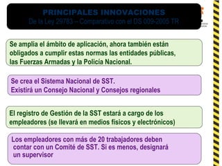 PRINCIPALES INNOVACIONES
De la Ley 29783 – Comparativo con el DS 009-2005 TR
Se amplia el ámbito de aplicación, ahora también están
obligados a cumplir estas normas las entidades públicas,
las Fuerzas Armadas y la Policía Nacional.
Se crea el Sistema Nacional de SST.
Existirá un Consejo Nacional y Consejos regionales
El registro de Gestión de la SST estará a cargo de los
empleadores (se llevará en medios físicos y electrónicos)
Los empleadores con más de 20 trabajadores deben
contar con un Comité de SST. Si es menos, designará
un supervisor
 