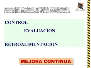 CONTROL
EVALUACION
RETROALIMENTACION
MEJORA CONTINUAMEJORA CONTINUA
 