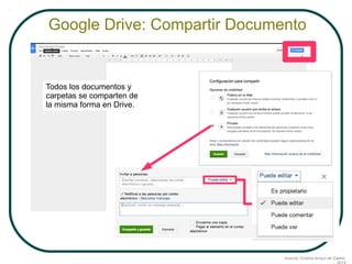 Google Drive: Compartir Documento

Todos los documentos y
carpetas se comparten de
la misma forma en Drive.

Autoría: Cristina Arroyo de Castro,

 