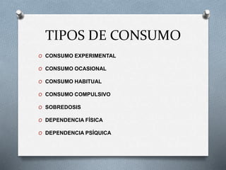 TIPOS DE CONSUMO
O CONSUMO EXPERIMENTAL
O CONSUMO OCASIONAL
O CONSUMO HABITUAL
O CONSUMO COMPULSIVO
O SOBREDOSIS
O DEPENDENCIA FÍSICA
O DEPENDENCIA PSÍQUICA
 