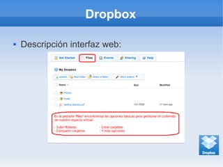 Dropbox
 Descripción interfaz web:
 