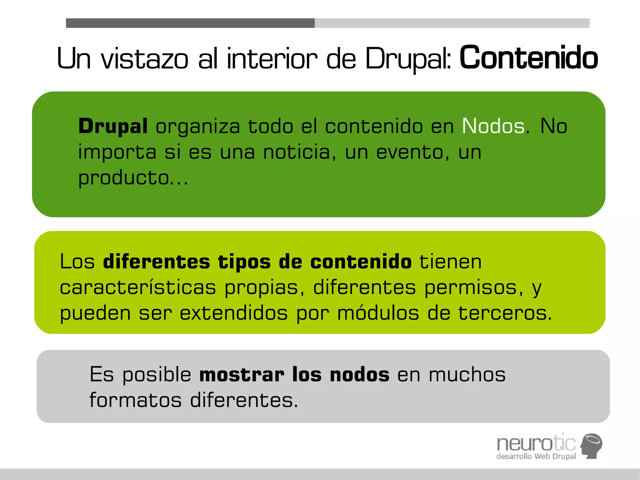Un vistazo al interior de Drupal: Contenido

 Drupal organiza todo el contenido en Nodos. No
 importa si es una noticia, un evento, un
 producto...



Los diferentes tipos de contenido tienen
características propias, diferentes permisos, y
pueden ser extendidos por módulos de terceros.

  Es posible mostrar los nodos en muchos
  formatos diferentes.
 