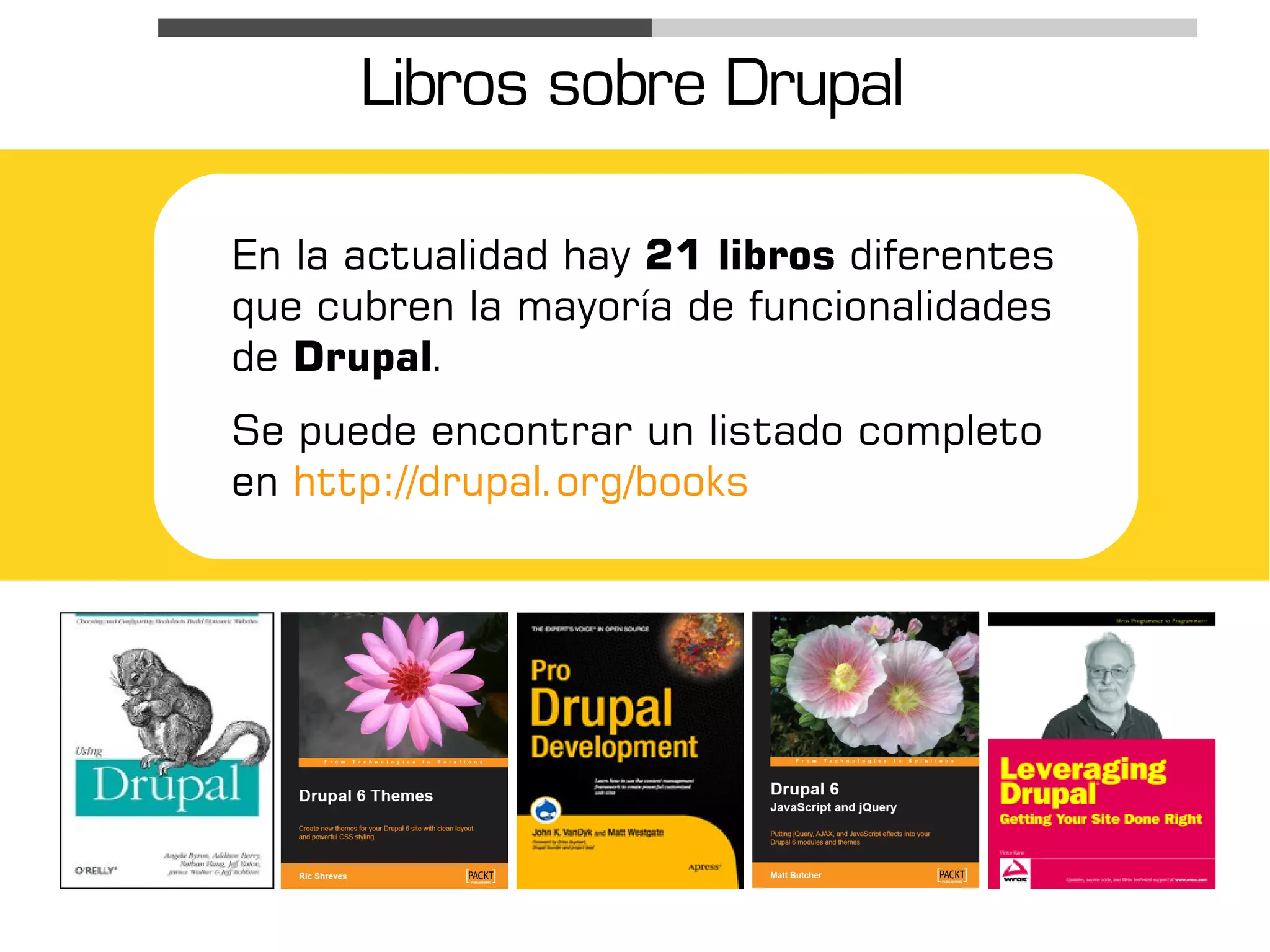 Libros sobre Drupal

En la actualidad hay 21 libros diferentes
que cubren la mayoría de funcionalidades
de Drupal.
Se puede encontrar un listado completo
en http://drupal.org/books
 