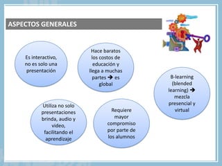 ASPECTOS GENERALES


                              Hace baratos
    Es interactivo,            los costos de
    no es solo una              educación y
     presentación            llega a muchas
                               partes  es           B-learning
                                   global             (blended
                                                    learning) 
                                                       mezcla
           Utiliza no solo                          presencial y
           presentaciones              Requiere        virtual
           brinda, audio y              mayor
                video,               compromiso
            facilitando el           por parte de
             aprendizaje             los alumnos
 