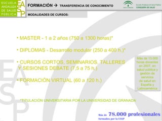FORMACIÓN     TRANSFERENCIA DE CONOCIMIENTO MODALIDADES DE CURSOS: MASTER - 1 a 2 años (750 a 1300 horas)* DIPLOMAS - Desarrollo modular (250 a 400 h.)* CURSOS CORTOS, SEMINARIOS, TALLERES Y SESIONES DEBATE (7,5 a 75 h.) FORMACIÓN VIRTUAL (60 a 120 h.) *TITULACIÓN UNIVERSITARIA POR LA UNIVERSIDAD DE GRANADA Más de 13.000 horas docentes en 2007, en salud pública y gestión de servicios de salud en España y Latinoamérica Más de  78.000 profesionales formados por la EASP 