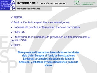 INVESTIGACIÓN     CREACIÓN DE CONOCIMIENTO PROYECTOS DESTACADOS: PEPSA Evaluación de la exposición a xenoestrógenos  Patrones de práctica enfermera en atención domiciliara  EMECAM Efectividad de las medidas de prevención de transmisión sexual del VIH/SIDA EPIC Tiene proyectos financiados a través de las convocatorias de la Unión Europea, el Fondo de Investigaciones Sanitarias, la Consejería de Salud de la Junta de Andalucía, y entidades privadas (laboratorios y cajas de ahorro) 