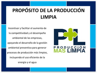 PROPÓSITO DE LA PRODUCCIÓN LIMPIA Incentivar y facilitar el aumento de la competitividad y el desempeño ambiental de las empresas, apoyando el desarrollo de la gestión ambiental preventiva para generar procesos de producción más limpios, incluyendo el uso eficiente de la energía y el agua 